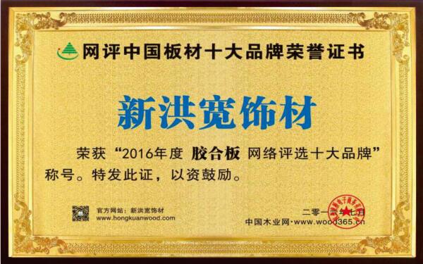 网评中国板材十大品牌荣誉证书